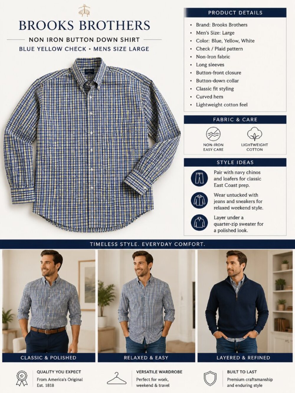 Brooks Brothers Non Iron Shirt Mens Large Blue Yellow Check Button Down Classic